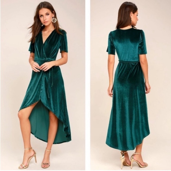 NWT Lulus Amour Teal Green Velvet High Low Wrap Dress  - Picture 1 of 11